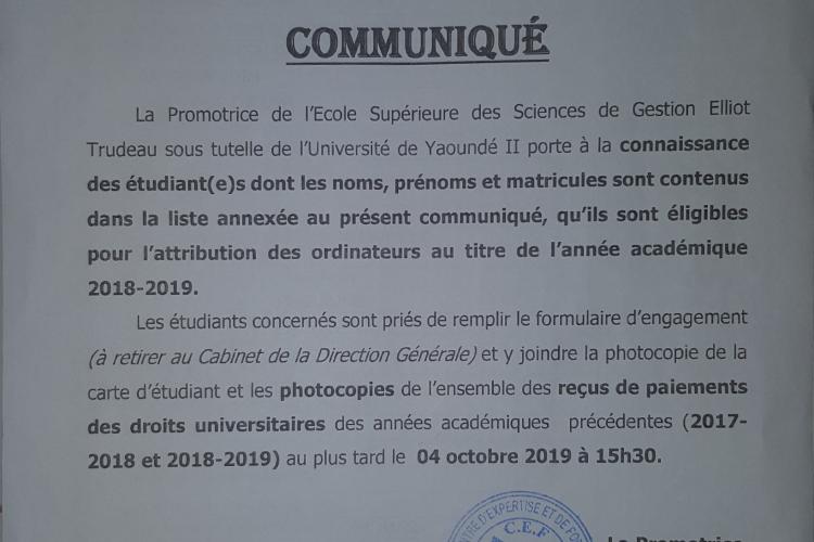 LISTES DES ETUDIANT(E) S BÉNÉFICIAIRES DES ORDINATEURS (ANNÉE ACADÉMIQUE 2018-2019)