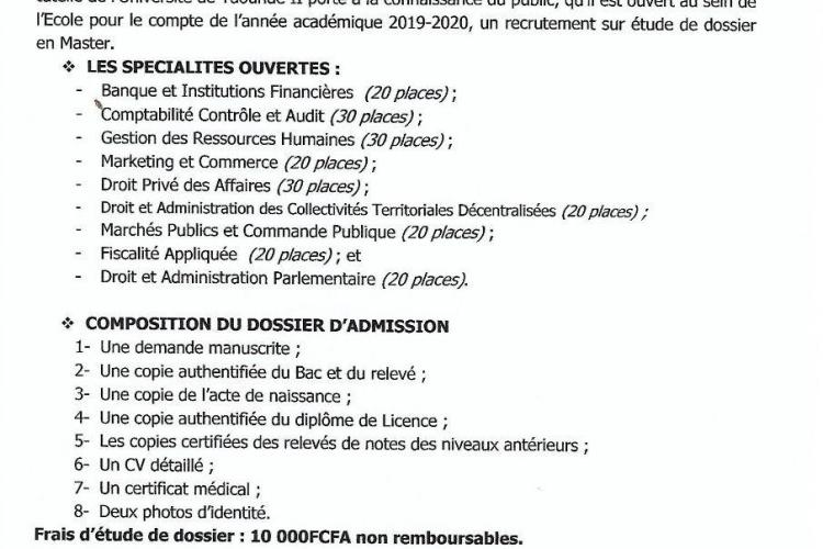 Recrutement sur étude de dossier en master année académique 2019-2020 