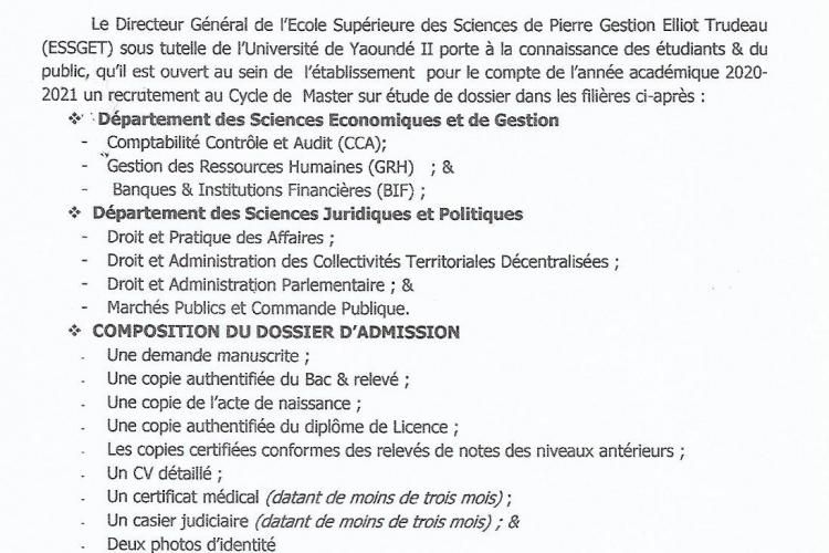 APPEL A CANDIDATURE CYCLE DE MASTER 2020 2021