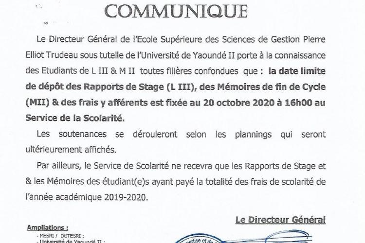  20 octobre 2020 : date limite de dépôt des Rapports de Stage et  Mémoires  de l’année académique 2019-2020